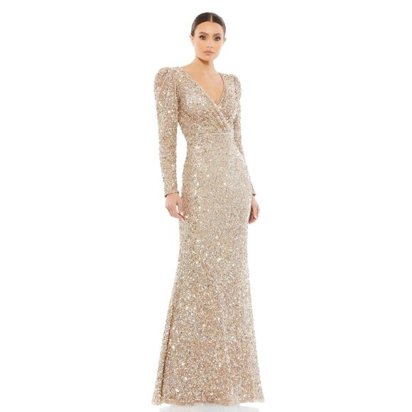 Mac Duggal Puff Sleeve Sequined Surplice Gown Shimmering Gold 8 New Womens Long - Picture 1 of 10